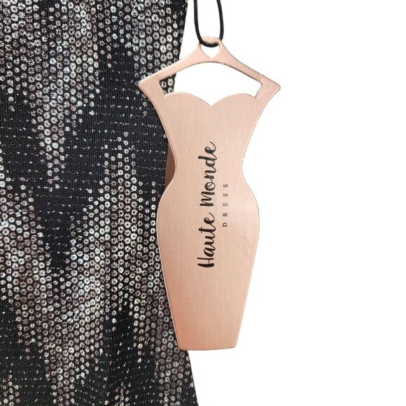 Chevron Print Bodycon Mini Dress Halter Neck Keyhole Back Haute Black Silver M - Picture 6 of 10